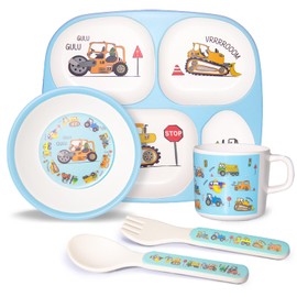 5-Piece Kids Melamine Dinnerware Set – Plate, Bowl, Cup, Fork & Spoon – BPA-Free, Durable & Lightweight Cartoon Set for Toddlers(Tool Cart)