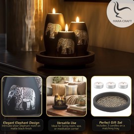 IYARA CRAFT Elephant Candle Holder Set – 3 Handmade Wood Tealight Holders with Tray, Rustic Black Home Décor, Cozy Holiday Centerpiece & Thoughtful for Women, Mom, Housewarming
