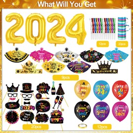 DPKOW 77pcs Colorful 2024 New Year Decorations Accessories, 2024 New Year Balloons Photo Booth Props New Year Party Hats Streamers Fringed Noise Maker for 2024 New Year Party Favor Pack Supplies
