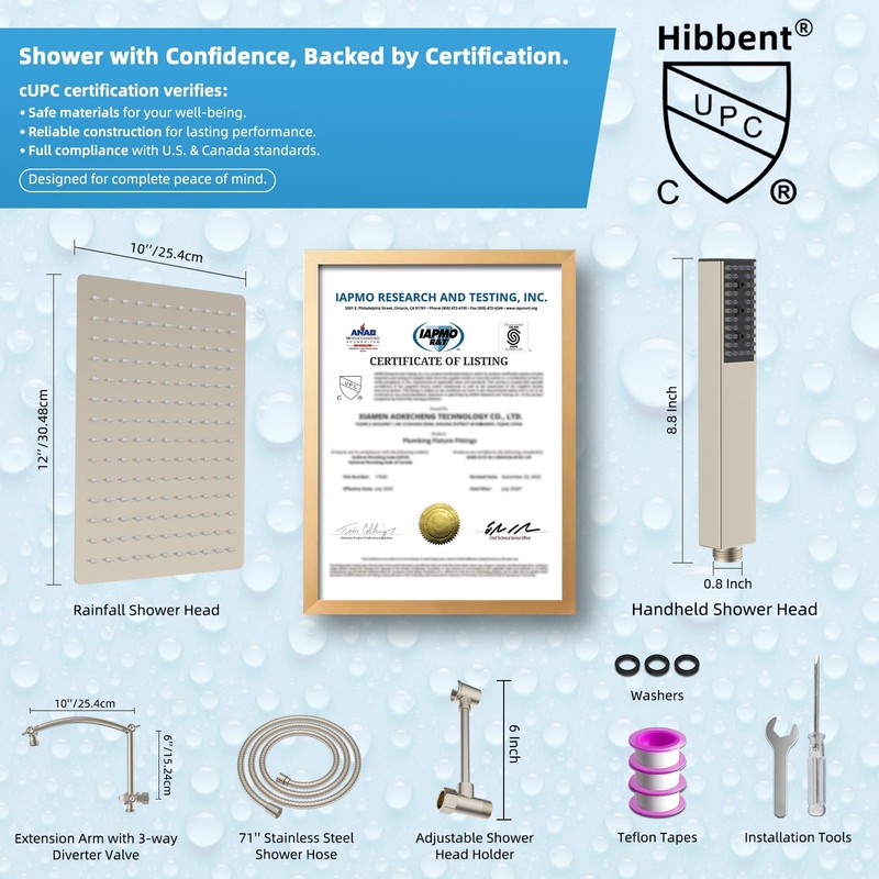 Hibbent All Metal CUPC Certified 12'' Rainfall Shower Head, Dual