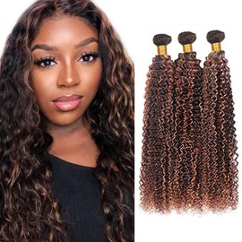 Highlight Kinky Curly 3 Bundles Brazilian Hair P4/30 Human Hair 3 Bundles Tow Tone Hair Bundles Dark Brown Bundles Double Weft Human Hair Bundles for Women 20 22 24 Inches