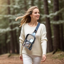 UTO Sling Bag Women Crossbody Purse Clear Chest Belt Bag Fanny Pack Convertible Backpack with Wide Shoulder Zip Straps CA