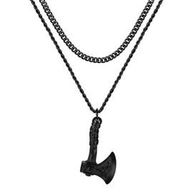 Cupimatch Men's Necklaces Stainless Steel Chain Gold Silver Black Viking Necklace with Axe Pendant 2-Piece Layered Chain Viking Jewellery for Men Boys, Stainless Steel