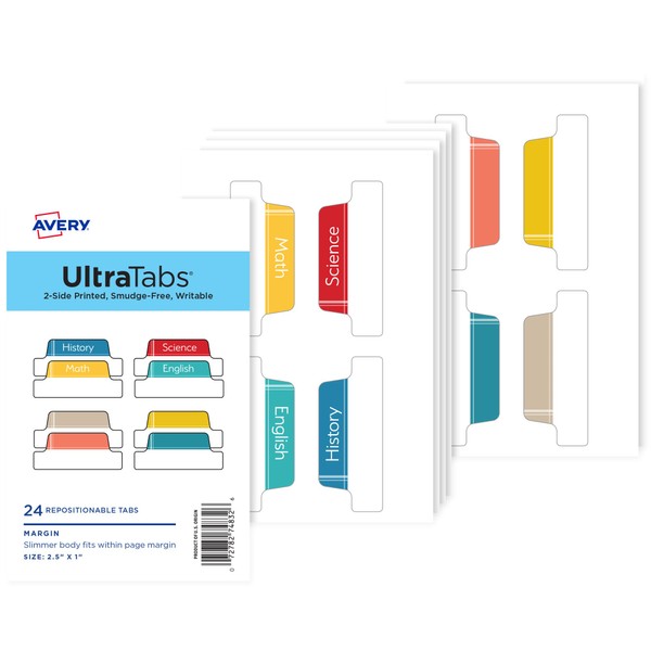 Avery Ultra Tabs, Margin Tabs, School Subject Tabs, 2-Side Printed,