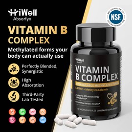 HiWell Absorfyx Methylated Vitamin B Complex with Methylfolate & Methyl B12, High Absorption Active Forms for Energy, Brain Health & Mood Support, 60 Vegan Capsules, Non-GMO, Gluten-Free