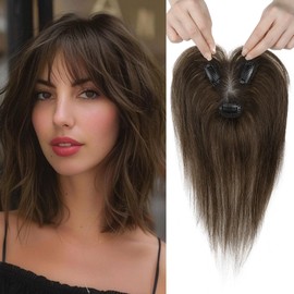 REECHO Hair Toppers for Women Real Human Hair, Seamless Human Hair Toppers with Bangs, 360° 3D Cover Clip in Bangs Hair Extensions for Daily Wear, Dark Chocolate Brown