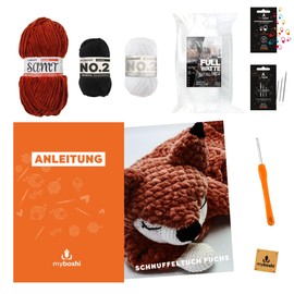 myboshi Fox Crochet Set for Advanced Skilled Skulls Including Velvet Yarn, No.2 Wool, Crochet Hooks, Filling Wadding, Stitch Markers, Wool Needles, 100% Polyester, Red with Crochet Hook