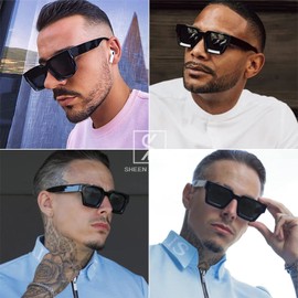 [SHEEN KELLY] Retro Square Sunglasses for Men Women Vogue Thick Rectangle Chunky Frame Black Shade Way 90s Glass, 12