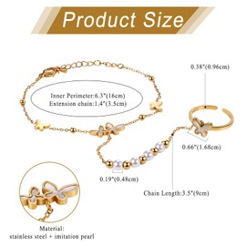 Aroncent Women's Pearl Bracelet Ring: Elegant Pearl Bracelet with Shell Butterfly and Stainless Steel Adjustable Bracelet Ring Set for Women, One size, Stainless Steel, No Gemstone