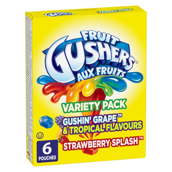 BETTY CROCKER FRUIT GUSHERS Gushin Grape and Tropical Flavours/Strawberry Splash Fruit Flavoured Snacks, 6 Pouches