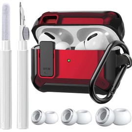 Olytop AirPods Pro 2/1 Case Lock with Cleaner Kit & Replacement Ear Tips (S/M/L), Rugged Protective Cover for iPod Pro (2023/2022/2019) with Keychain, Black/Red