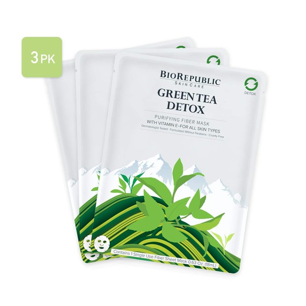 BioRepublic SkinCare Green Tea Detox Purifying Fiber Masks | Biodegradable Sheet Masks Infused with Vitamin E | Organic Green Tea Facial Masks | Pack of 3