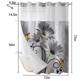 Muuyi Grey Watercolor Floral Shower Curtain,No Hook Shower Curtain,Polyester Shower Curtains with Snap in Fabric,Sheer Top Window for Bathroom Decor,Waterproof & Washable,72W x 75L Inch