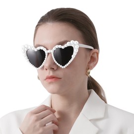 JFAN Retro Sunglasses Women's Men's Sunglasses Heart Shape with Pearl Frame Sunglasses Women's Polarised and Women's Sunglasses Elegant UV400 Protection, White