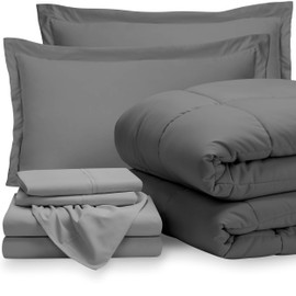 Bare Home Bedding Set 7 Piece Comforter & Sheet Set - Queen - Goose Down Alternative - Ultra-Soft 1800 Premium Bed Set (Queen, Grey/Light Grey)