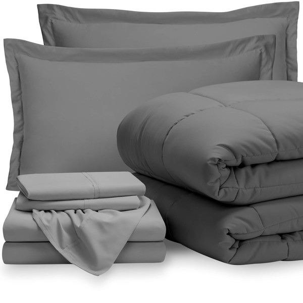 Bare Home Bedding Set 7 Piece Comforter & Sheet Set - Queen - Goose Down Alternative - Ultra-Soft 1800 Premium Bed Set (Queen, Grey/Light Grey)