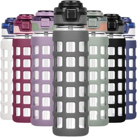 Ferexer 32oz/22oz Glass Water Bottle with Straw Handle Flip lids, leakproof, BPA free, Borosilicate Glass Bottles, with Protective Non-Slip Silicone Sleeve Sports Glass Drinking Bottles Gray