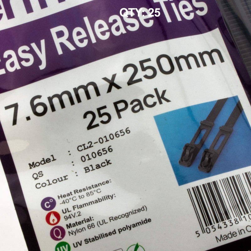 Easy Release Cable Ties 7.6 mm x 250 mm Releasable