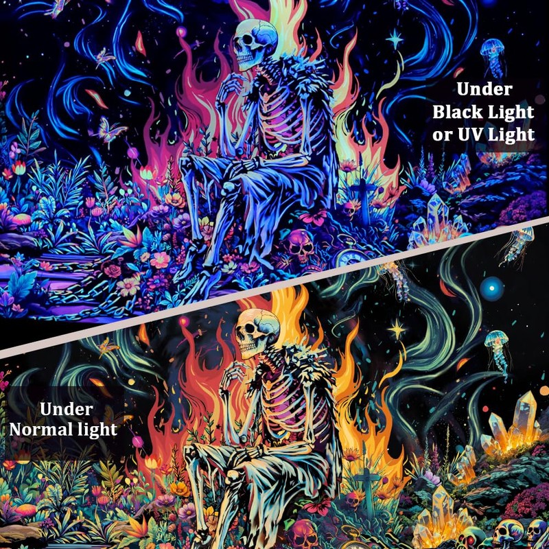 Heopapin Blacklight Skull Tapestry Psychedelic Skeleton Gothic Tapestry UV Reactive