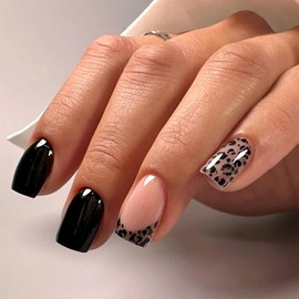 Leopard Print Press on Nails French Tip False Nails Black Solid Color Artificial Nails Short Square Full Cover Fake Nails Glossy Acrylic Stick on Nails for Women