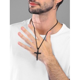 U7 Men Rope Chain 24 Inch Necklace with Ion Plating Black Metal Crucifix Cross Pendant