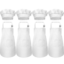CHENGU 8 Pcs Kids Apron and Chef Hat Set Child Aprons 2 Pocket for Boy Girl Toddler Cooking Painting, Ages 2-13(White,Medium)