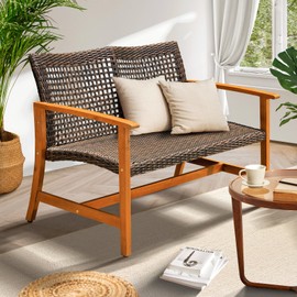 IDZO Harmonie 800lbs Capacity Outdoor Furniture, FSC Certified Sofa with Upgraded 2000 Hours UV Resistant Wicker, Teak Finish Porch Couch, Acacia Patio Loveseat_Ash Beige