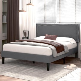 VECELO Queen Size Bed Frame with Adjustable Upholstered Headboard, Wooden Slats Platform, Noise-Free Design, Easy Assembly