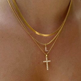 Feskive Layered Gold Necklaces for Women，Stackable 14K Gold Plated Tiny Initial Necklaces Simple CZ Cross necklace Dainty Layered Necklace Different Length Pendant Necklace Gold Jewelry Set for Women