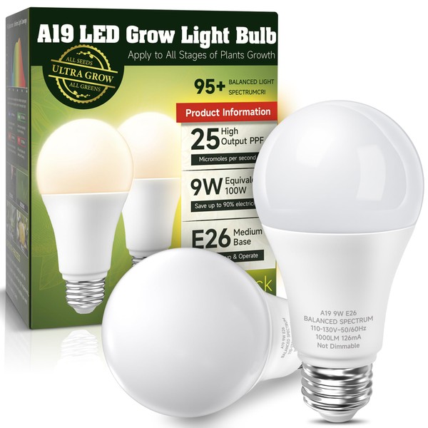 Grow Light Bulbs, LED Grow Light Bulbs A19, Full Spectrum Plant Light Bulbs, 100W Equivalent Grow Bulb, E26 Base, 9W Grow Lights for Indoor Plants, Flowers, Seed Starting, Greenhouse, 4000K, 2-Packs