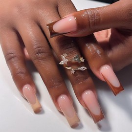 24pcs Long Square False Nails French Tip, Brown Edge Stick on Nails Nude Pink Press on Nails Removable Glue on Nails Full Cover Fake Nails Women Bridal Nail Art Accessories