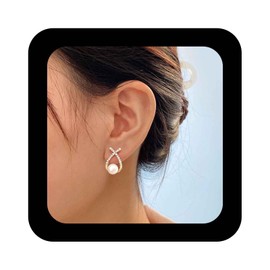 Erimberate Vintage Pearl Stud Earrings Cz Pearl Earrings Bohemian Pearl Stud Earrings Gold Crystal Bar Earrings Pearl Cross Criss Earrings Jewelry for Women