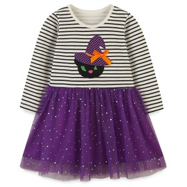 Hongshilian Girls Cotton Long Sleeve Dress Casual Cartoon Appliques Party Dresses(4T,Pumpkin & Hat)