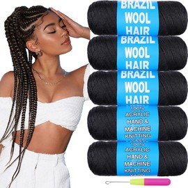 COOKOO 5 Roll Natural Black Brazilian Wool Hair Acrylic Yarn for African Crochet Hair Jumbo Braids Senegalese Twisting Knitting Hair Braids Faux locs Spiral Corkscrews Braids Twist Wraps 70G/Roll(1B#)