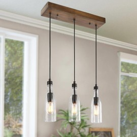 Farmhouse Kitchen Island Lighting, Wood Dining Room Lights Fixture, 3-Light Hanging Height Adjustable Chandelier with Glass Wine Bottle Shades
