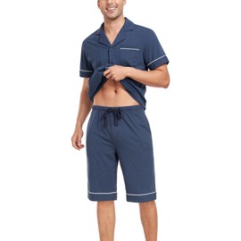 COLORFULLEAF Men's 100% Cotton Short Sleeve Pajama Sets Button Down Notched Collar Sleepwear Soft Lounge Pjs with Pockets (Heather Navy, L)