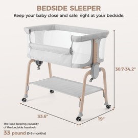 Cowiewie Bassinet Bedside Sleeper, Breathable Baby Bedside Bassinet and Mattress, Lightweight and Portable for Bedside Sleeping, Light Grey