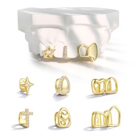 MUSECLOUD 9Pcs 18K Gold Plated Grillz Teeth Caps for Women Men Fake Tooth Cap Grill Dental Jewelry Kit for Teeth Mouth Hip Hop Vampire Halloween Party Single Grillz with Molding Bars Star Fang Heart
