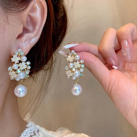 Crystal Flower Pearls Statement Earrings for Women,Sparking Rhinestone Floral Cluster Hollow Drop Dangle Earrings Dainty Mother's Day Jewelry Gift (G)