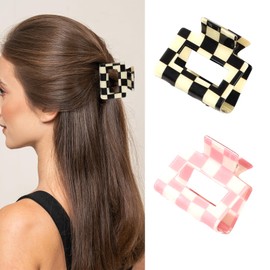 YUEELI 2 PCS Checkered Hair Claw Clips for Thin and Medium Fine Hair, Rectangle Hair Clips Y2K Hair Barrettes 90s Hair Accessories for Women, Black and Pink