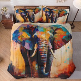 WeCozy Full Size Comforter Set with 2 Pillowcases, Painting Colorful Elephant Soft 3 Pcs Bedding for Kids and Adults Bedroom Bed Decor