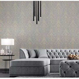 Light Gray Ivory Gold Metallic Victorian Damask Faux Fabric Textured Wallpaper