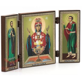 Folding Wooden Triptych Icon of Inexhaustible Chalice Virgin Mary Mother of God
