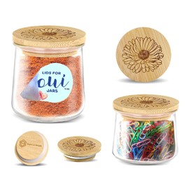 Oui Yogurt Jar Lids – Choose a Design, 4-24 pcs, Silicocne, or Stainless Steel | Airtight Lids That Fit Yoplait Oui Glass Jars | Eco Replacement Tops with Silicone Gasket | Bamboo Aster Flower 4 Pack