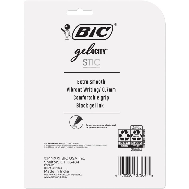 BIC Gel-ocity Smooth Stic Gel Pen, Medium Point (0.7mm), Black