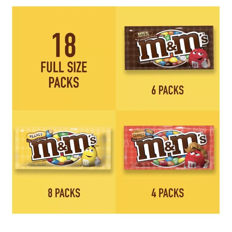 M&M'S VARIETY PACK CHOCOLATE CANDY SINGLE SIZE - 30.58oz -