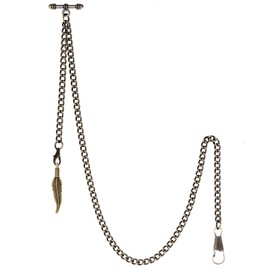 TREEWETO Pocket Watch Chain with T Bar End Piece Albert T-Bar Pocket Watch Chain with Antique Leaf Pendant and 2 Hooks for Vest Buttonhole, bronze