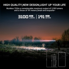 Wurkkos TS26S Led Flashlight Rechargeable 3100 High Lumens Small Powerful EDC Flashlight USB C,191 Meters 5000K Boost Constant Current,IP68 Waterproof Flashlight for Emergency,Camping,Everyday Use