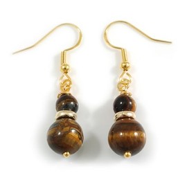 Natural Tiger Eye Stone Double Bead Drop Earrings with 925 Sterling Silver Closure - 40mm Total Length