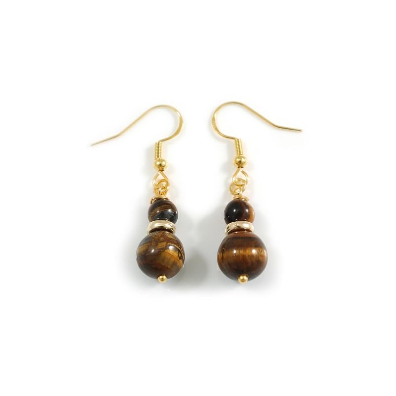 Natural Tiger Eye Stone Double Bead Drop Earrings with 925